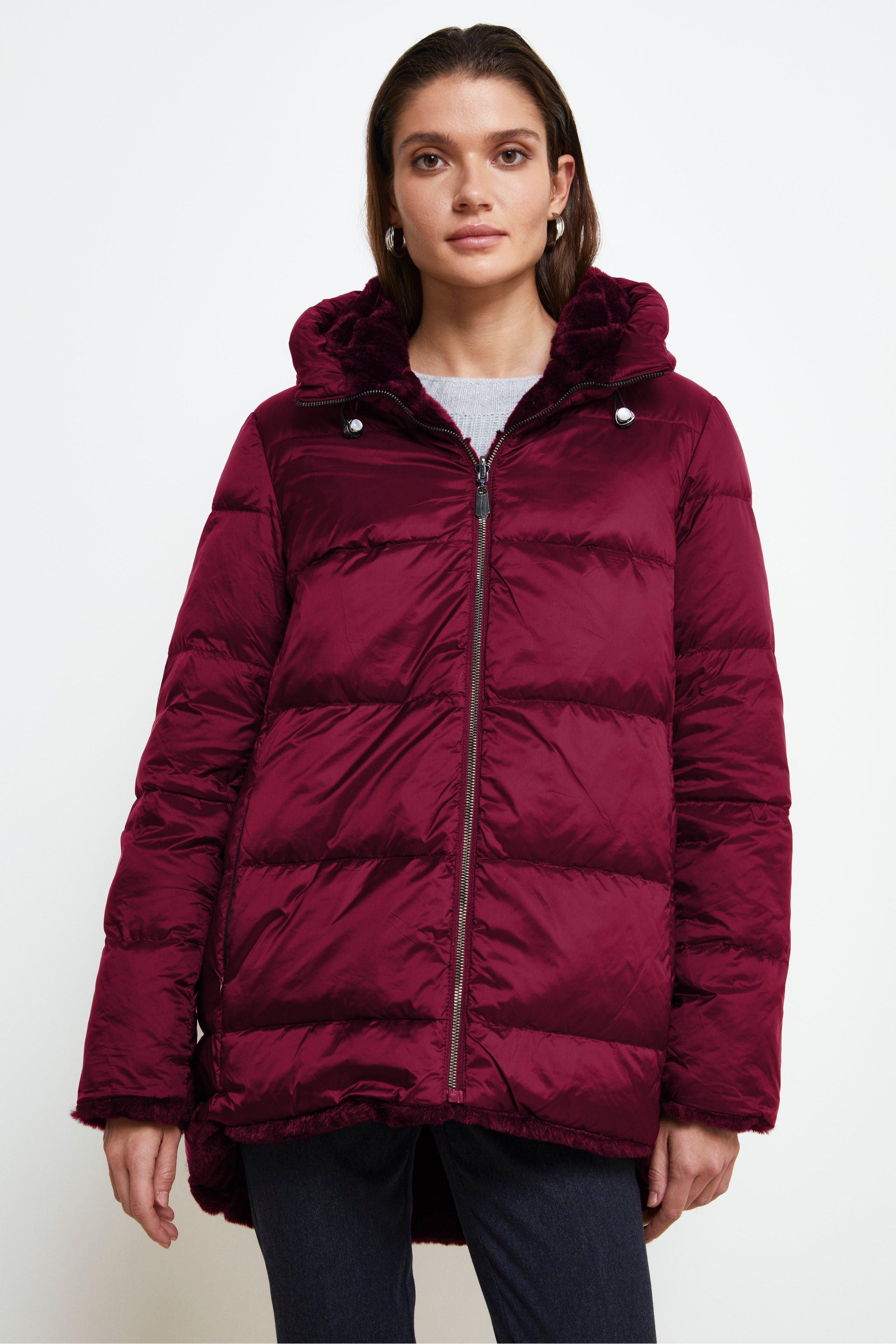 Reversible Down Jacket with Fur - Burgundy