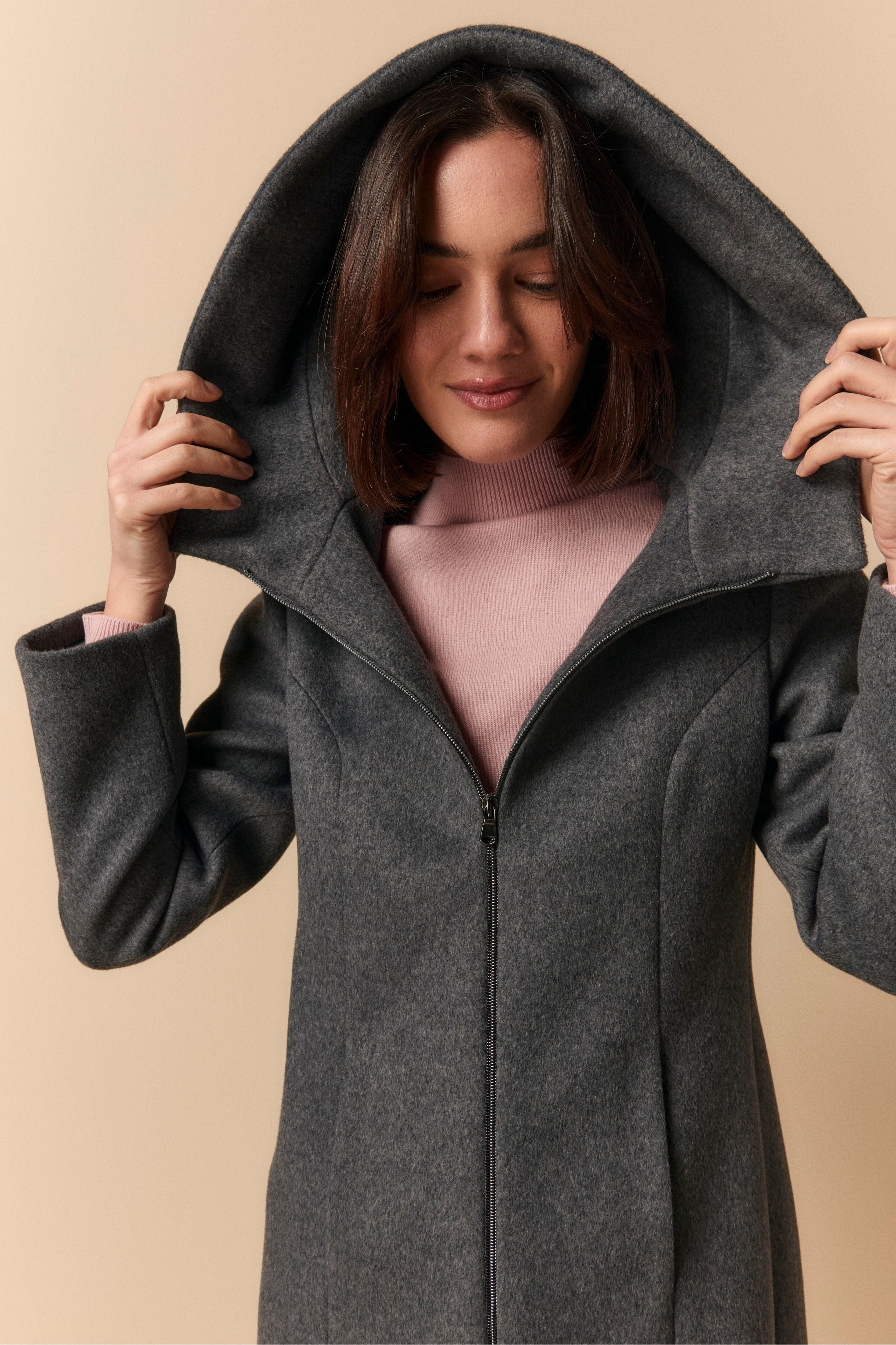 Cappotto Midi con Zip e Cappuccio - GRIGIO