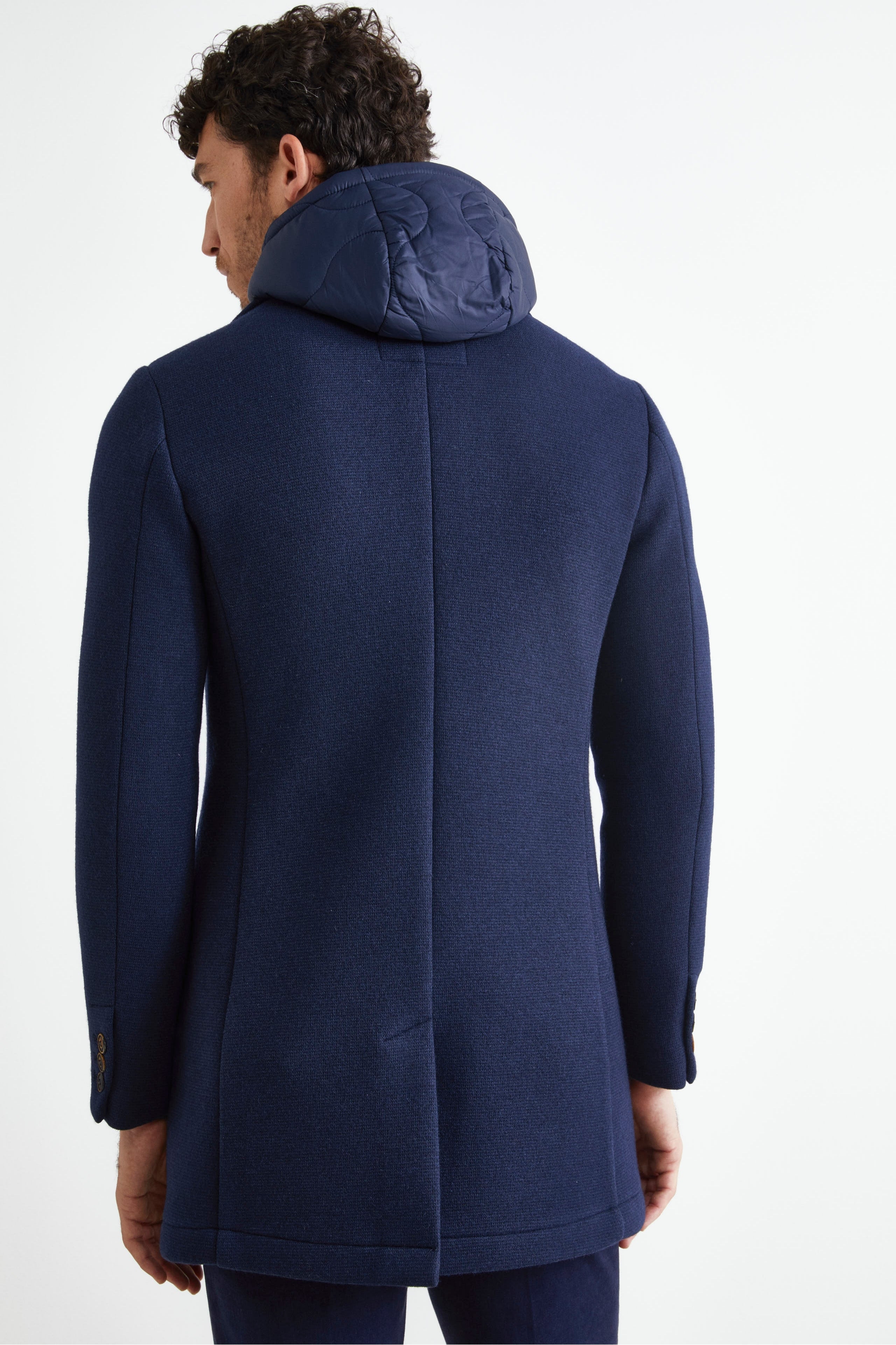 Cappotto con Cappuccio in Misto Lana - BLU