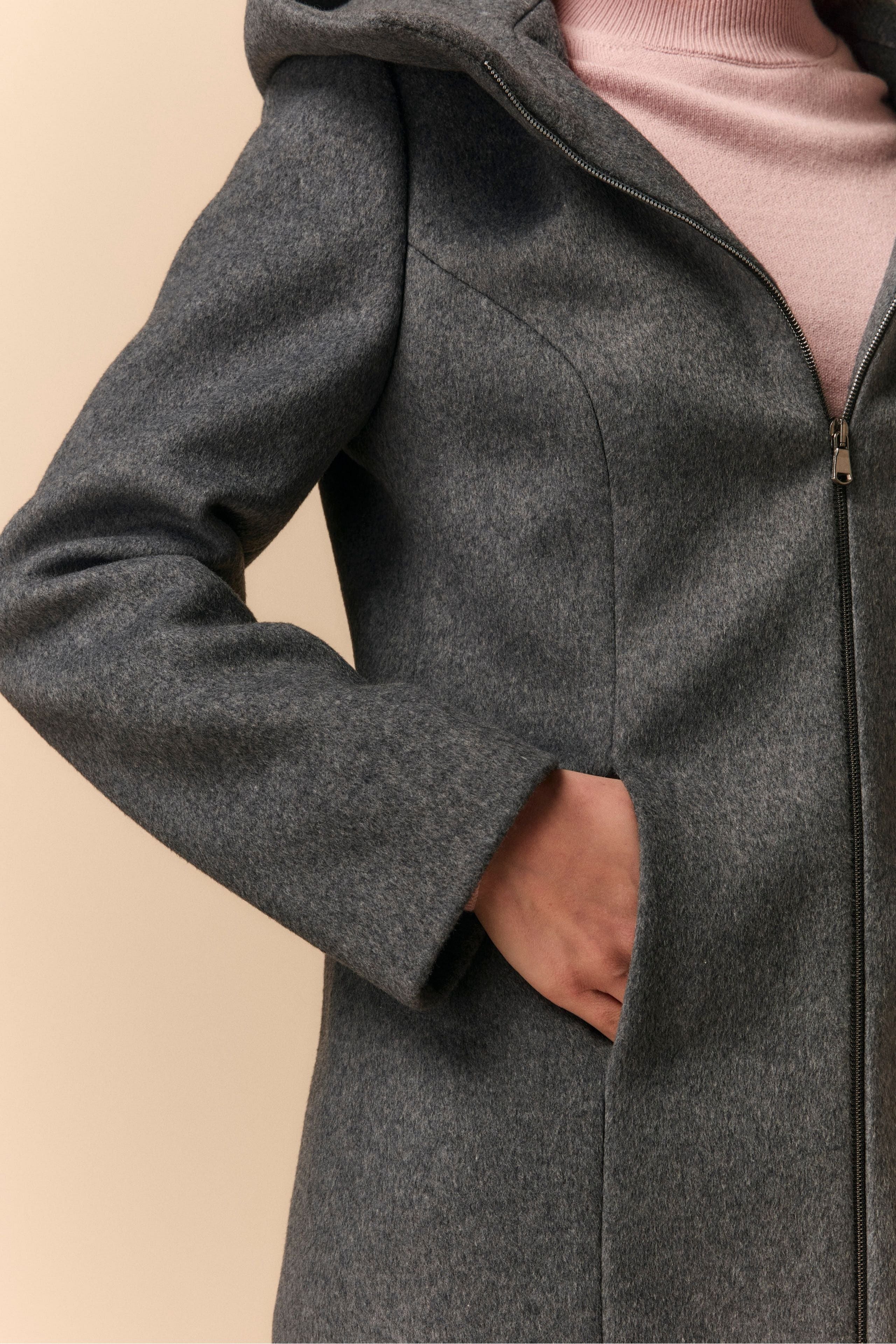 Cappotto Midi con Zip e Cappuccio - GRIGIO