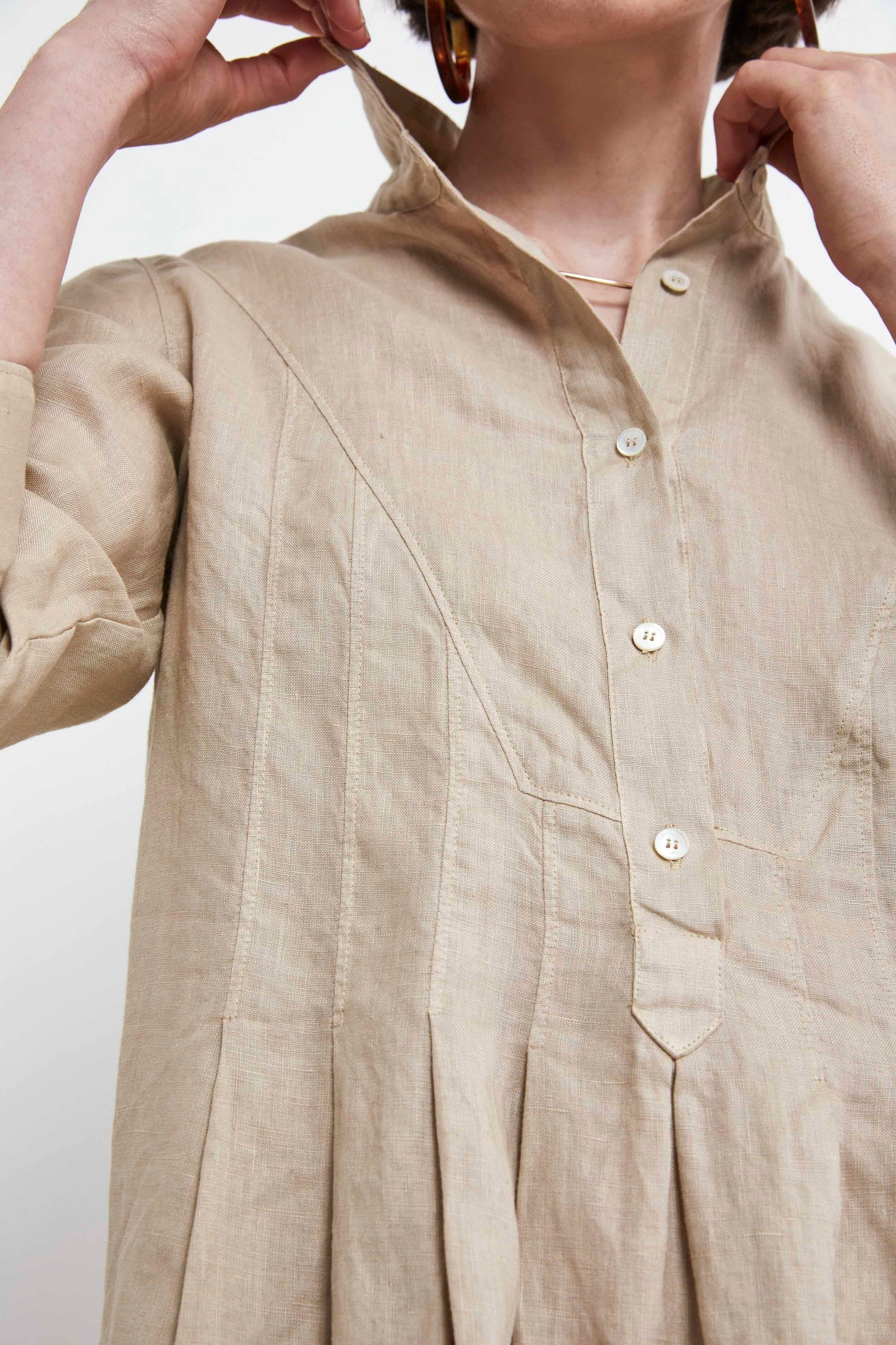 Linen Shirt Dress - BEIGE