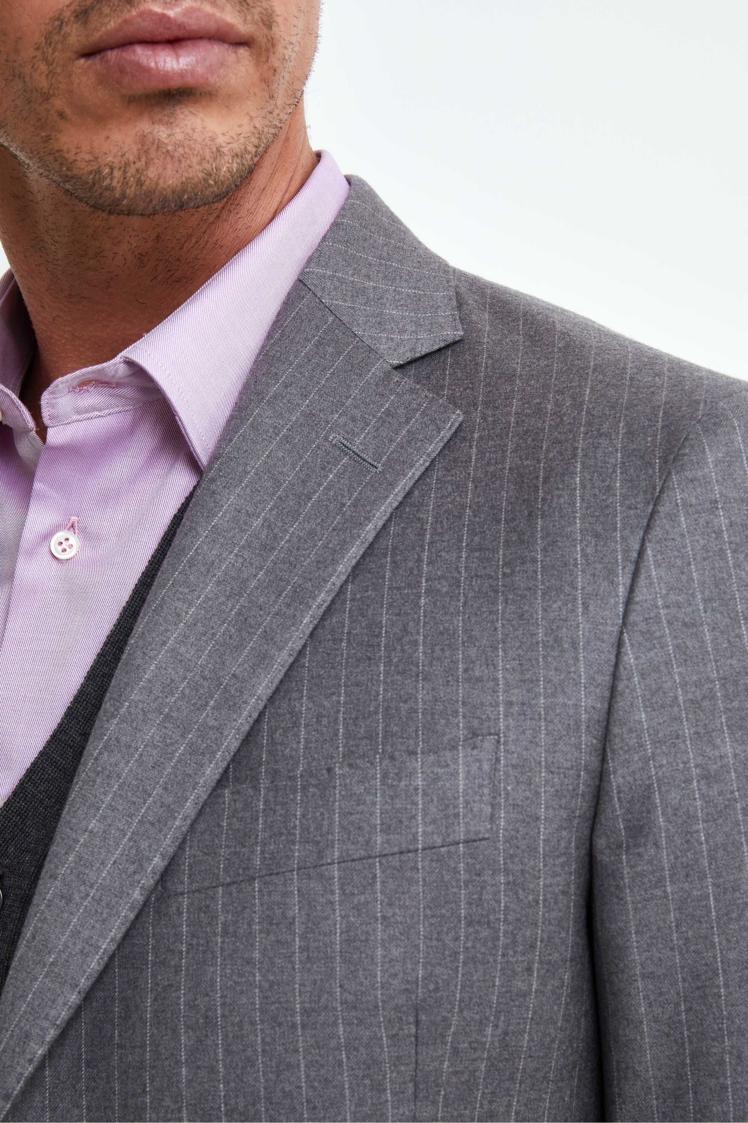 Wool and Cashmere Regular Fit Suit - Grey pinstripe