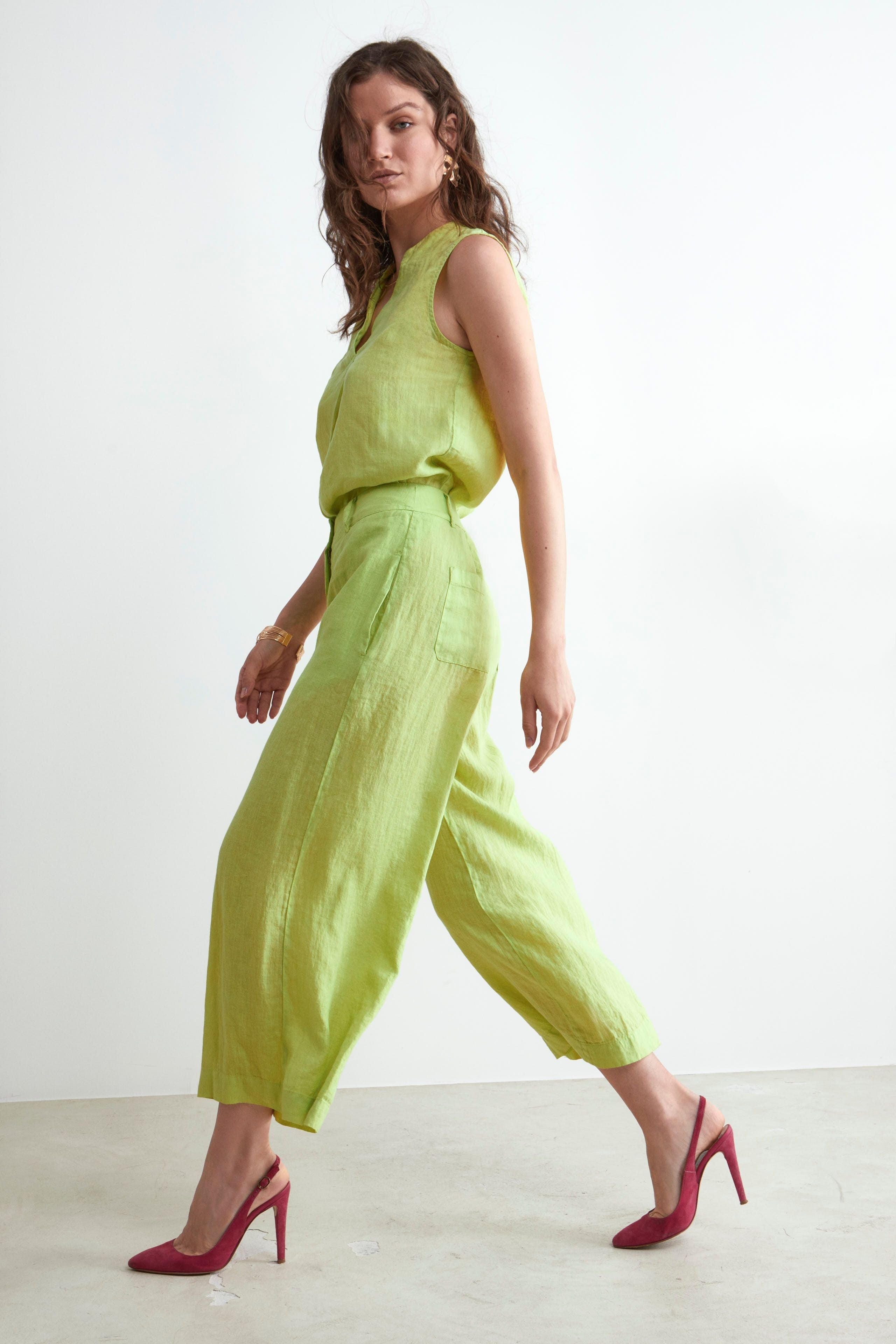 Cropped linen trousers - LIME