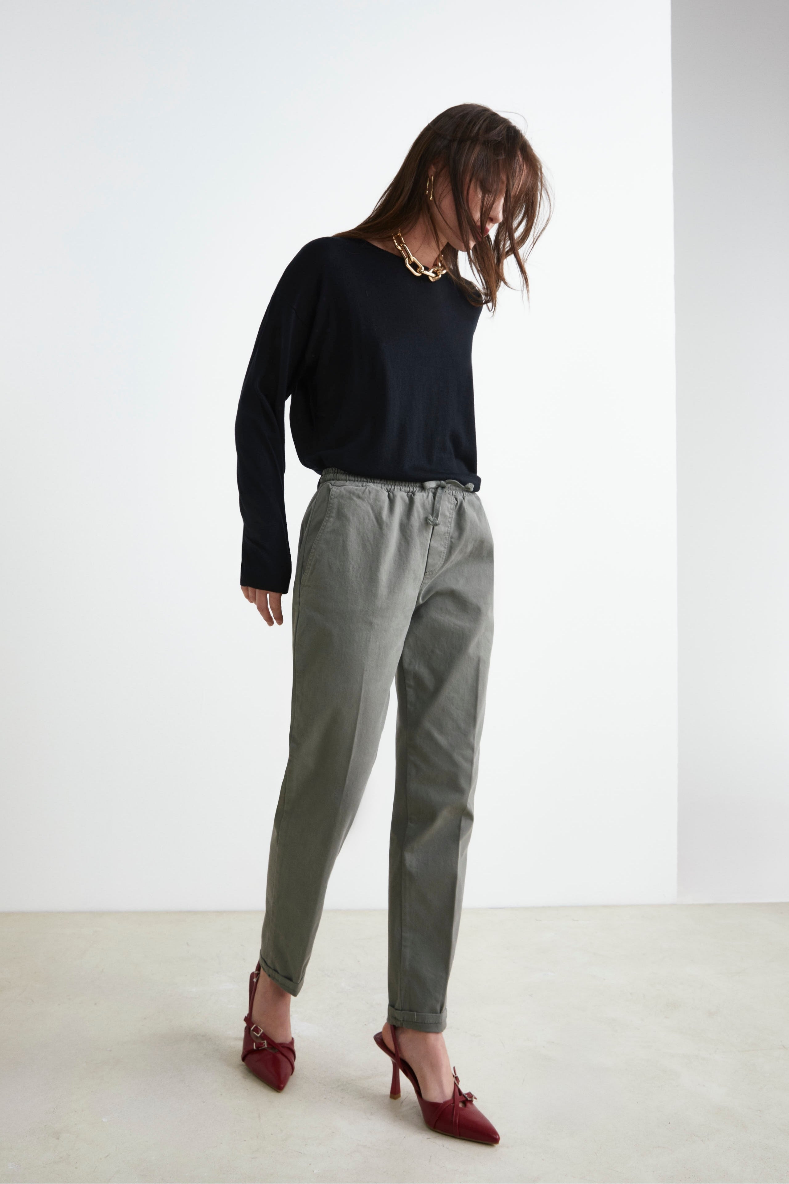 Drawstring Pants in Gabardine - Sage green