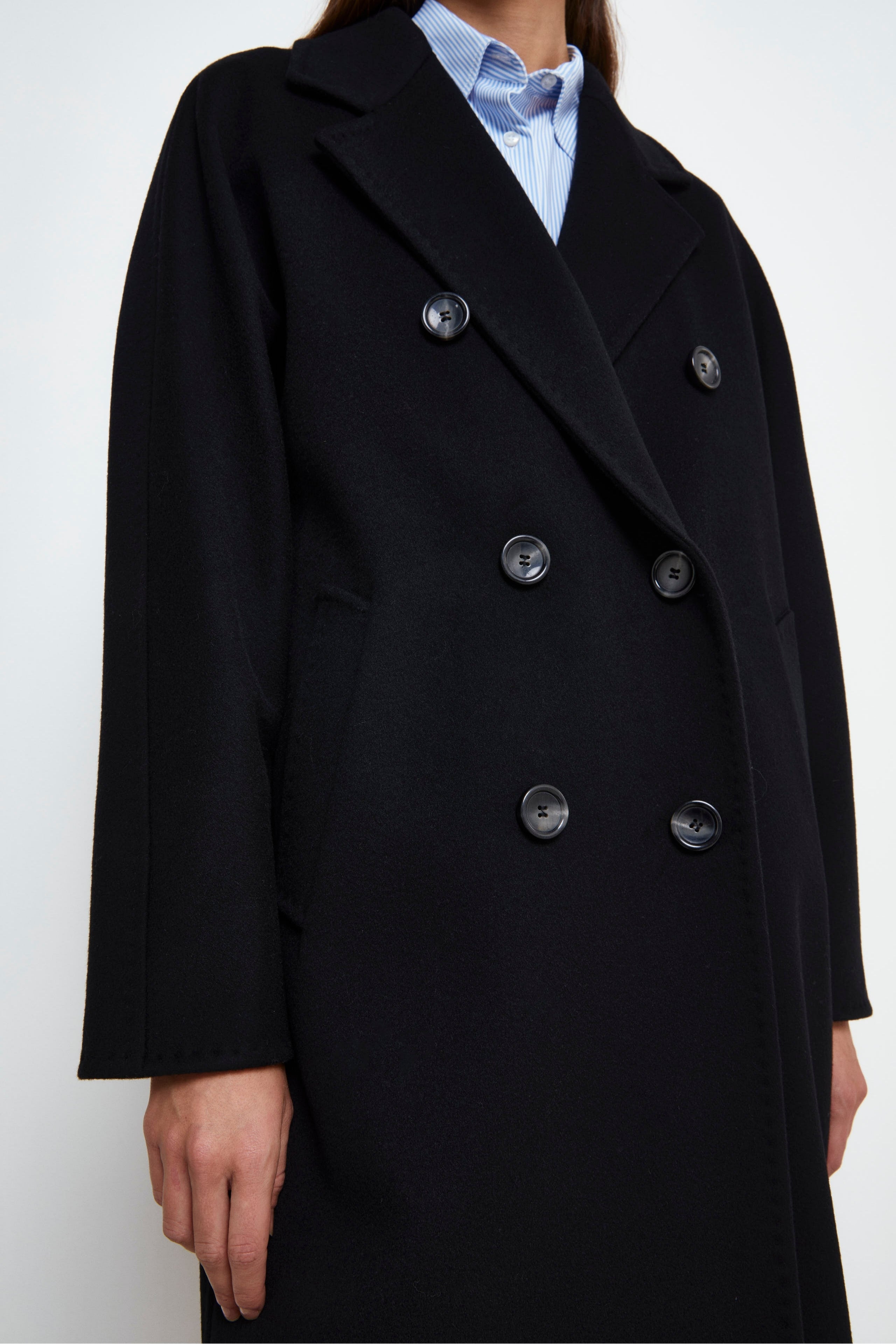 Manteau Long à Double Boutonnage en Laine - NOIR