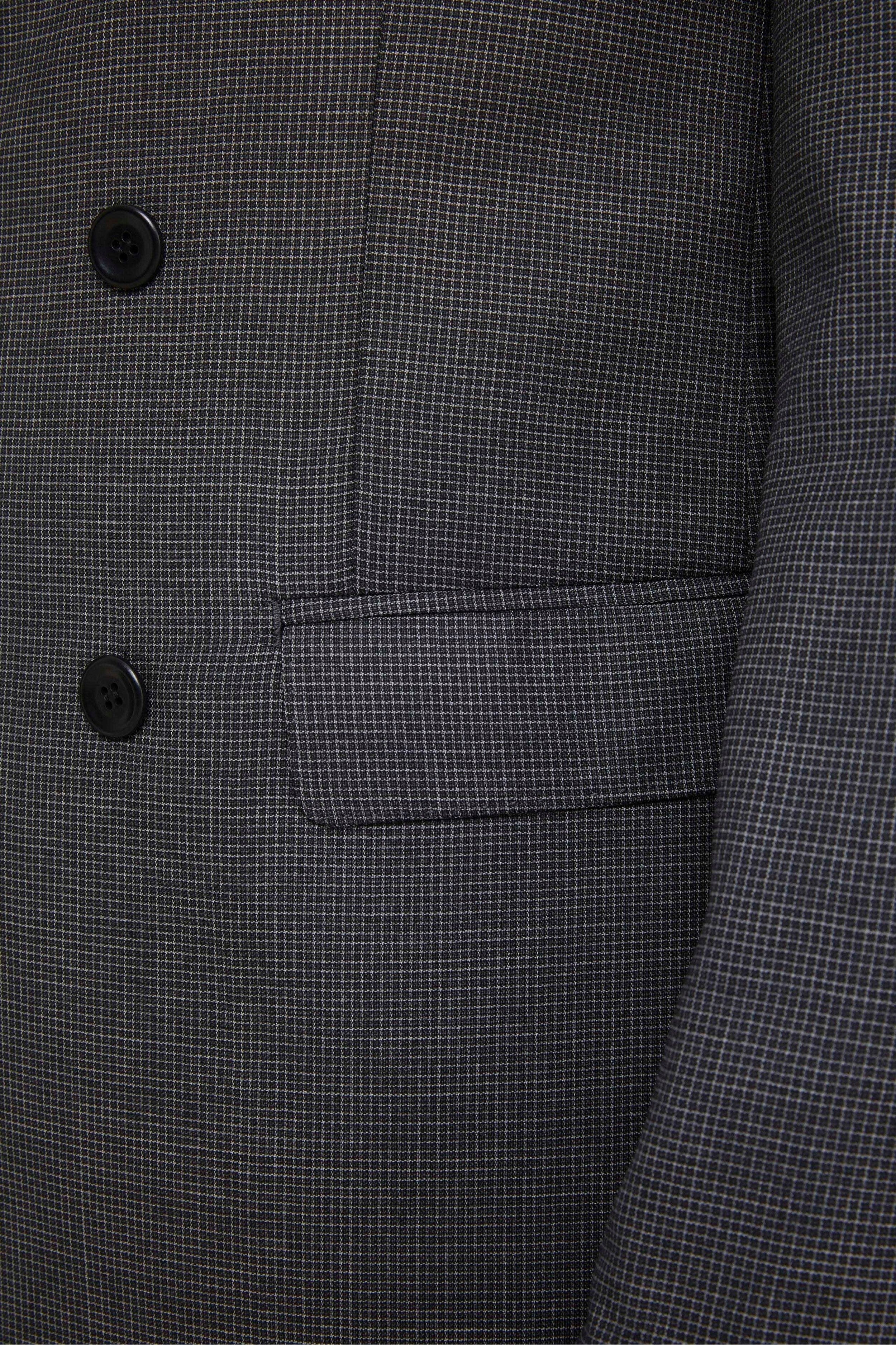 Slim Fit Double-Breasted Wool Suit - Charcoal grey check