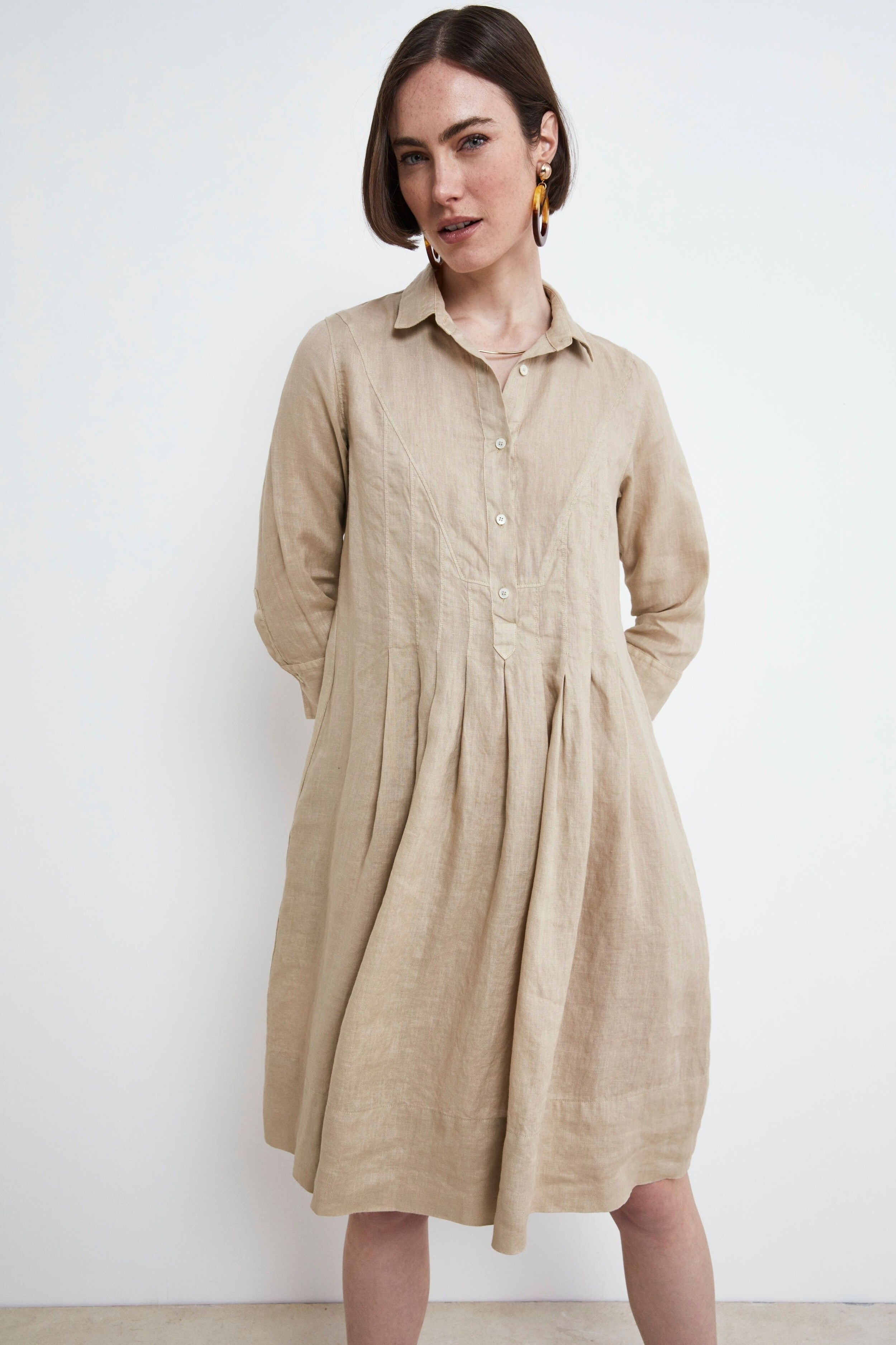 Linen Shirt Dress - BEIGE