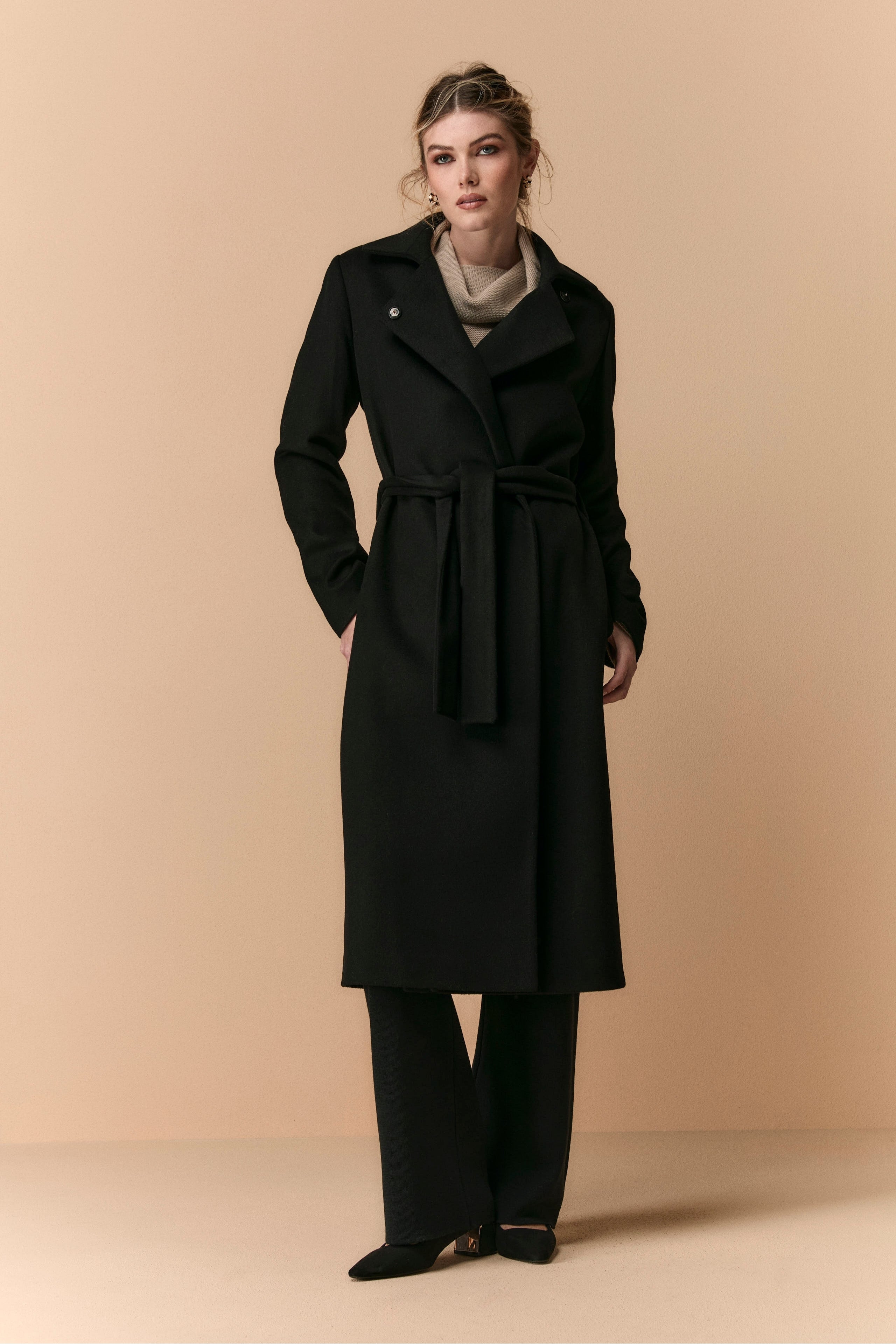 Cappotto con Cintura in Lana e Cashmere - NERO