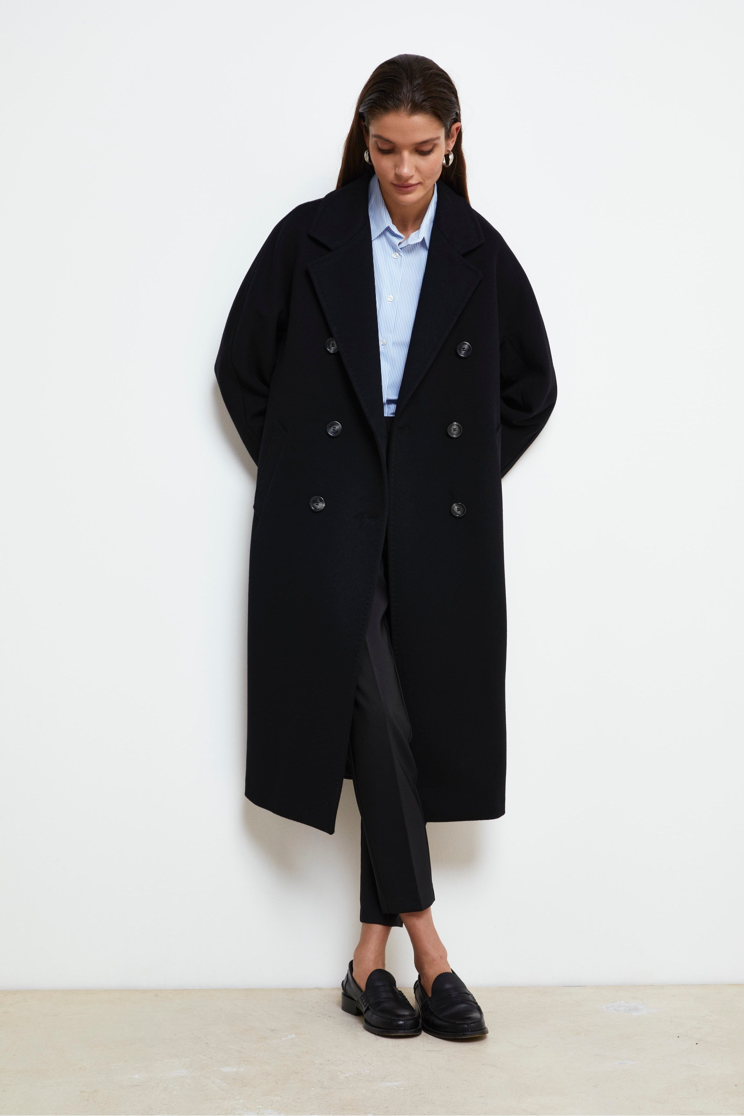 Manteau Long à Double Boutonnage en Laine - NOIR