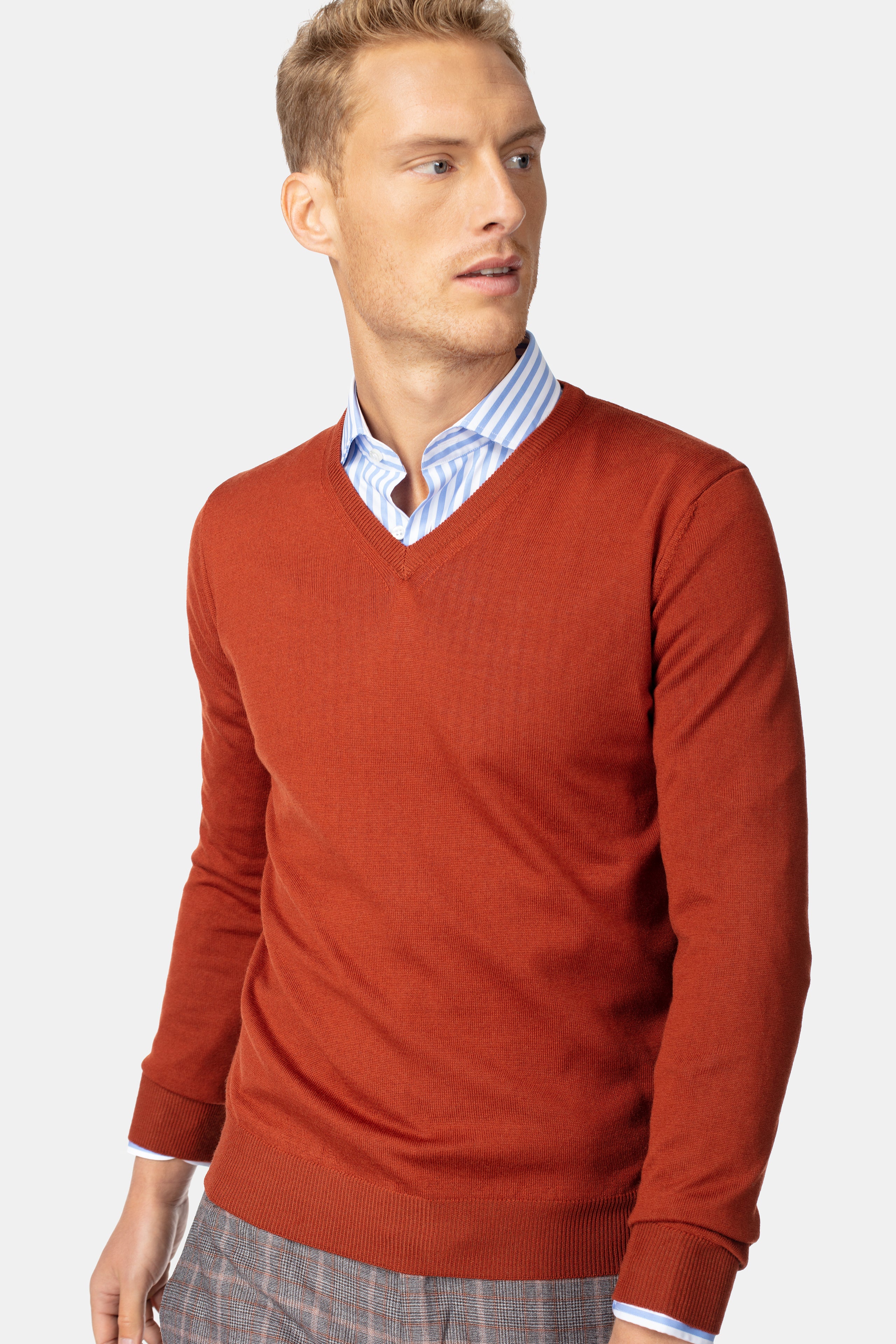 Pull col en V en laine - Marron chaud