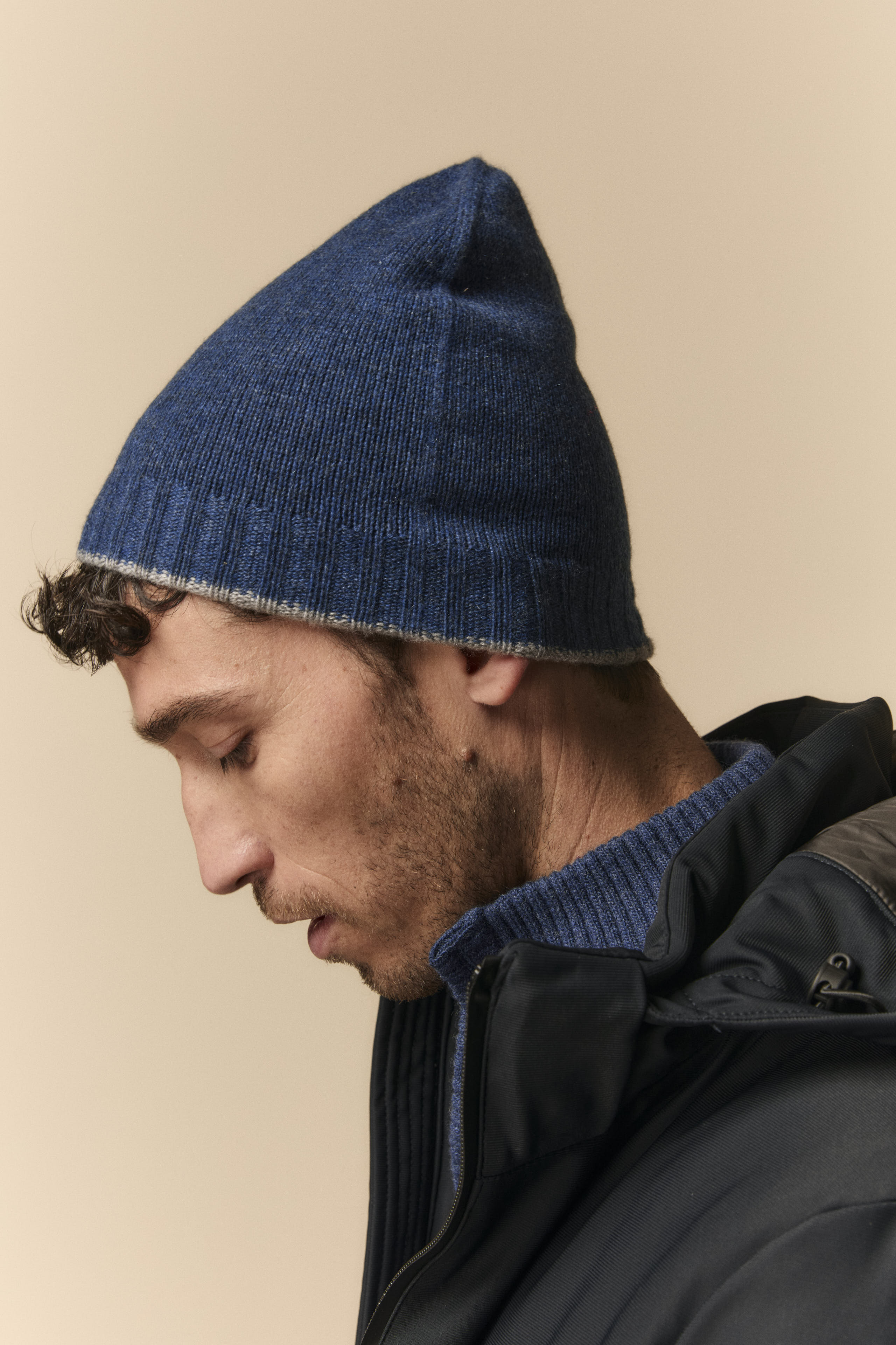 Cashmere beanie - Medium grey-Blue melange