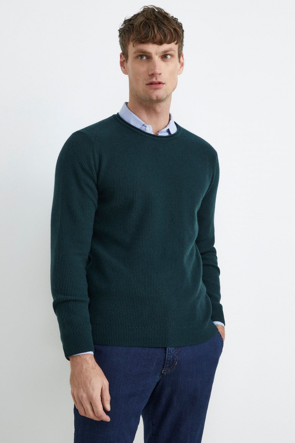 Maglione girocollo in cashmere a coste - VERDONE