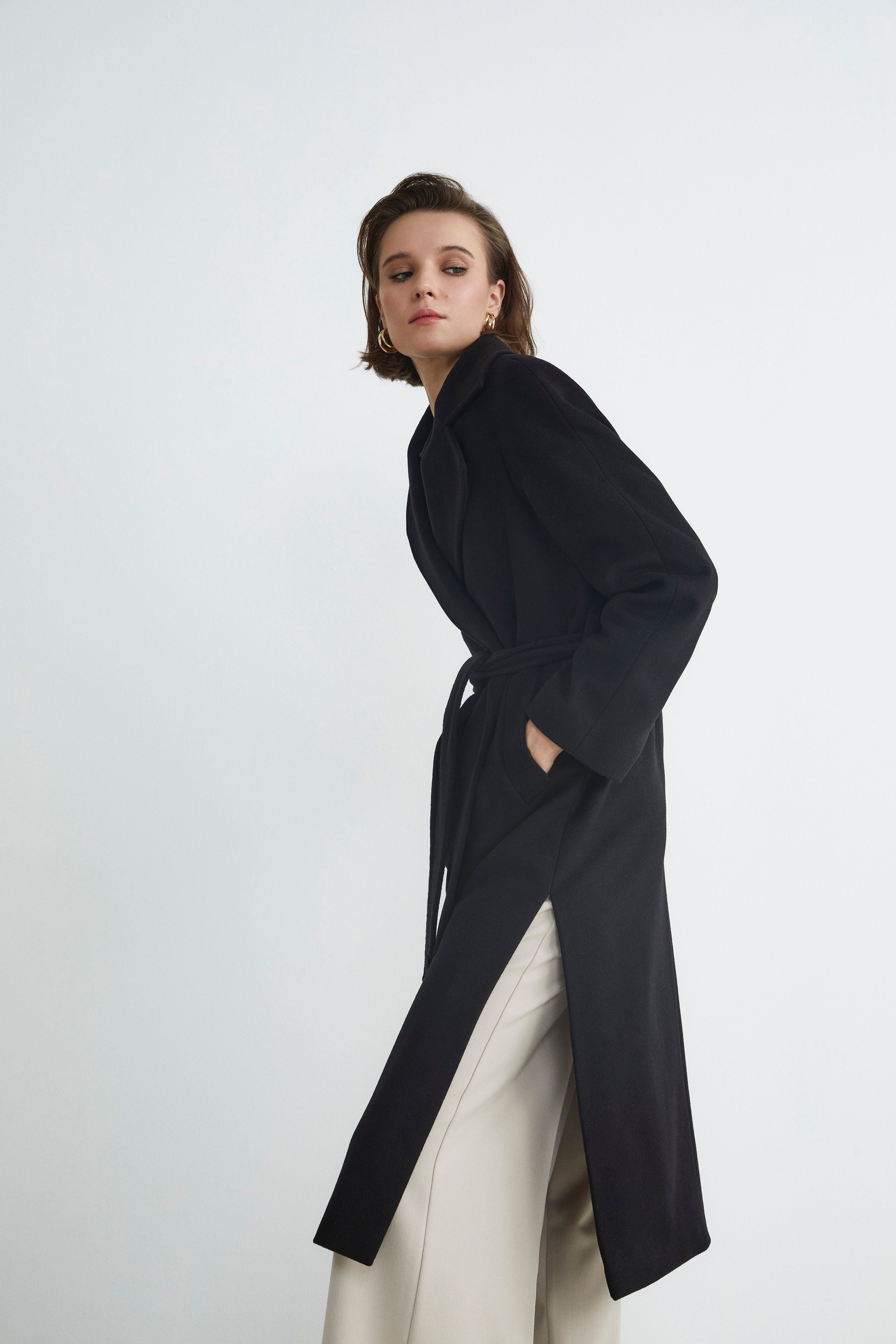 Manteau long en laine et cachemire - NOIR