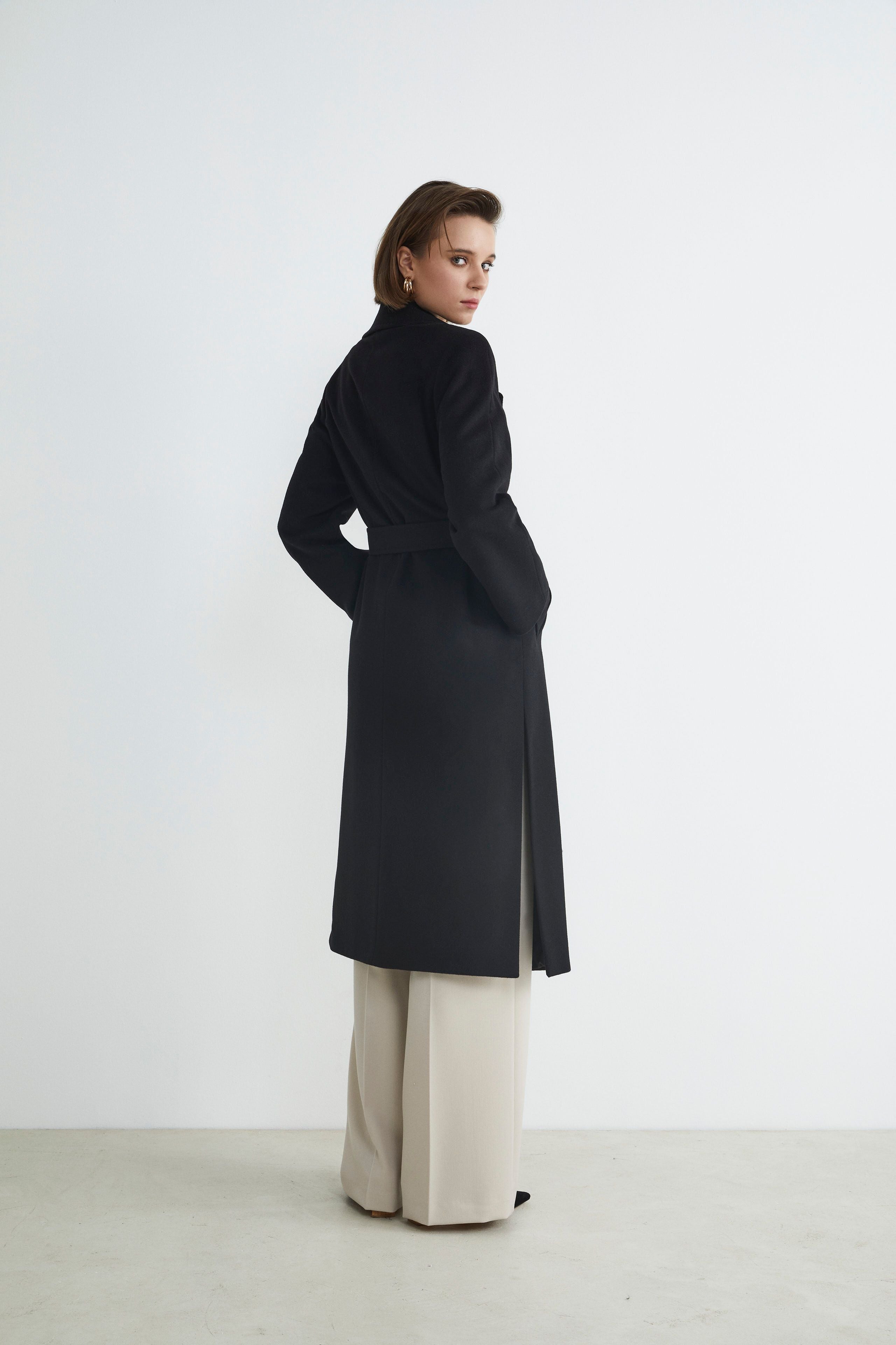 Manteau long en laine et cachemire - NOIR