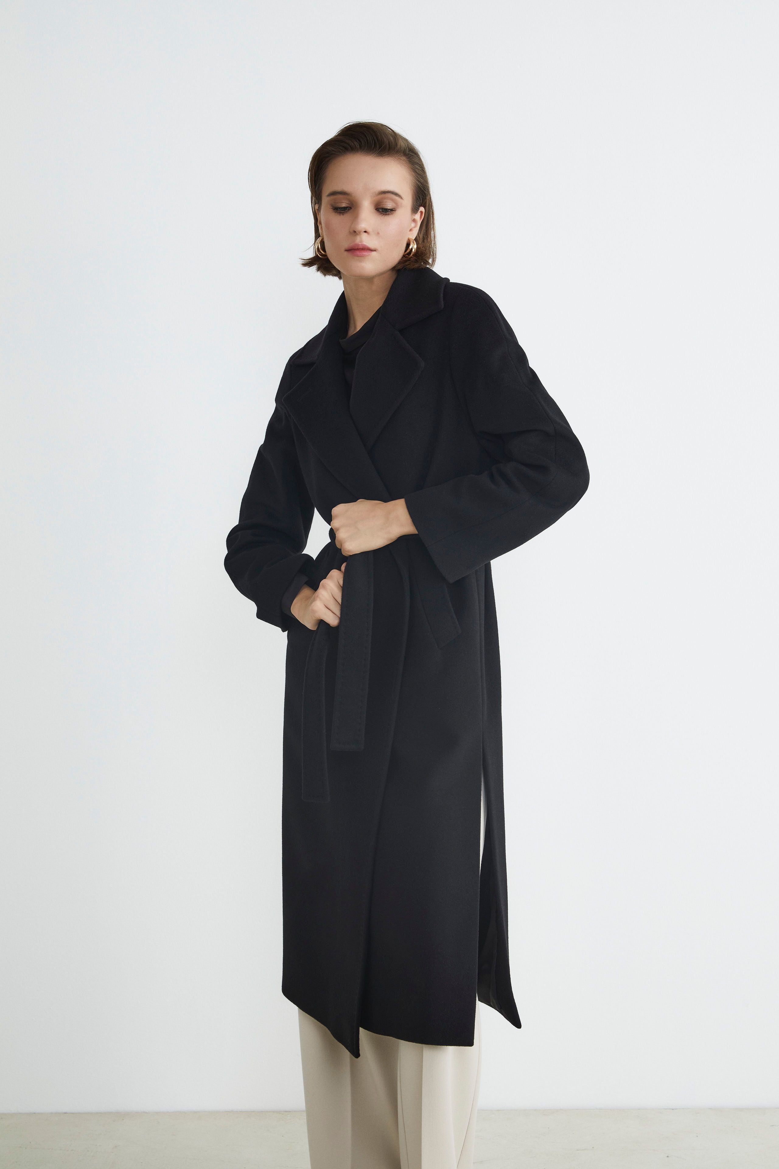 Manteau long en laine et cachemire - NOIR