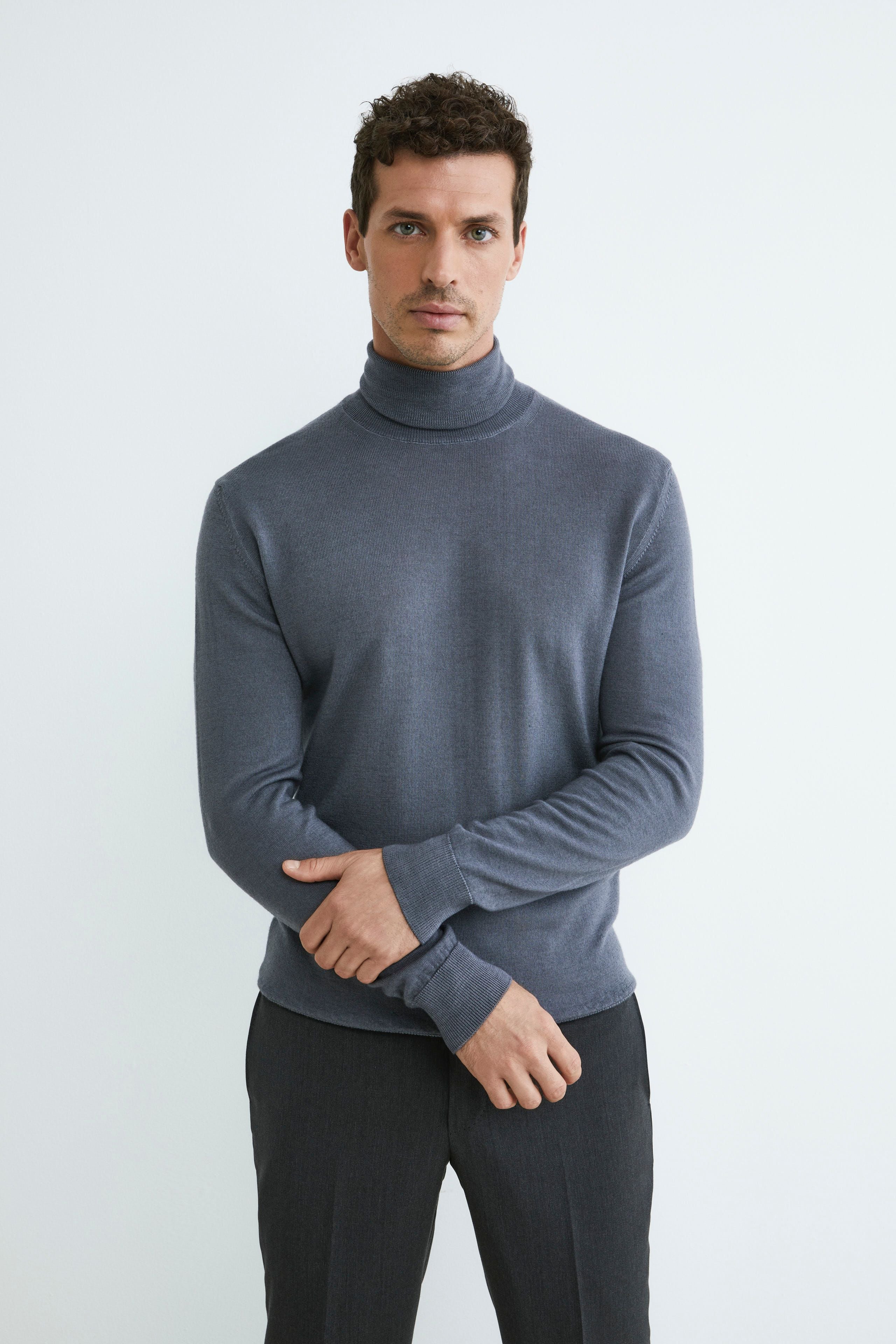 Pull à col roulé en laine mérinos - Gris acier