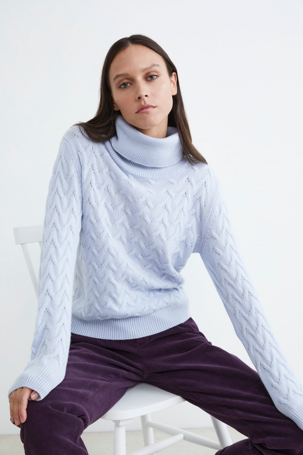 Cashmere sweater with braids - Light blue