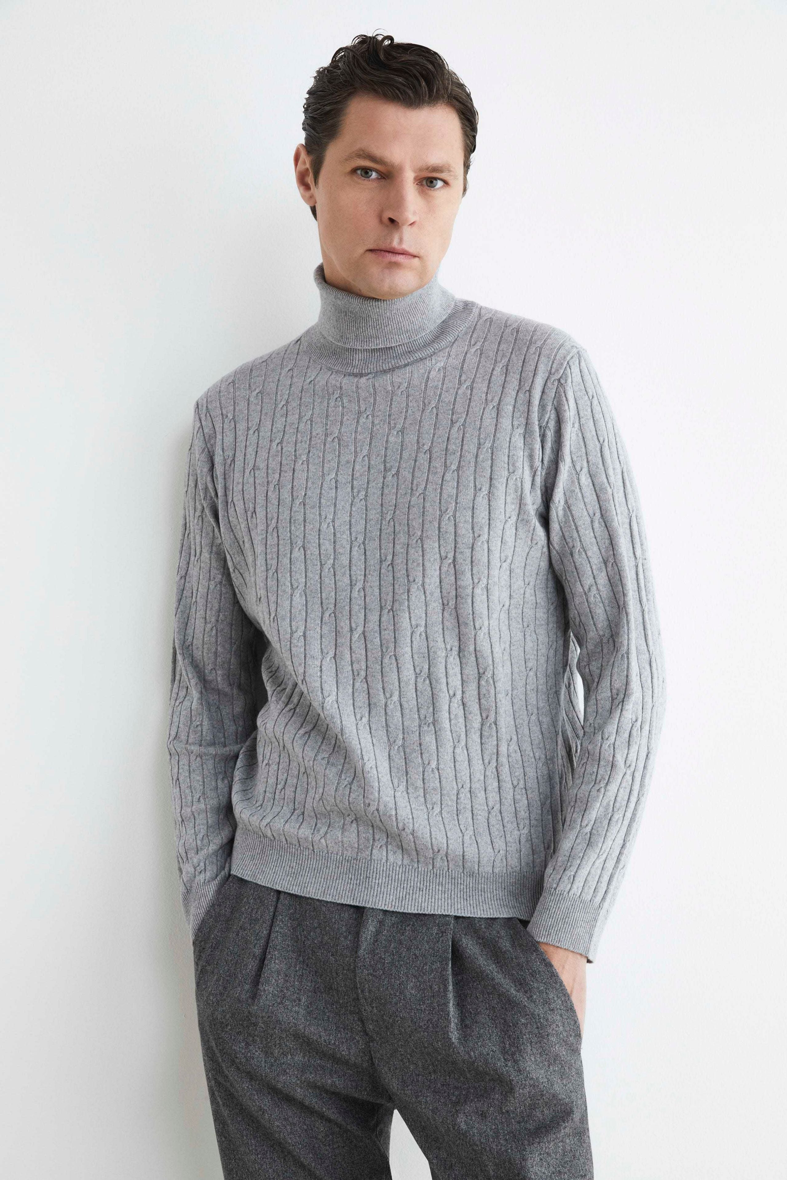 Cashmere and silk cable-knit turtleneck sweater - Grey melange