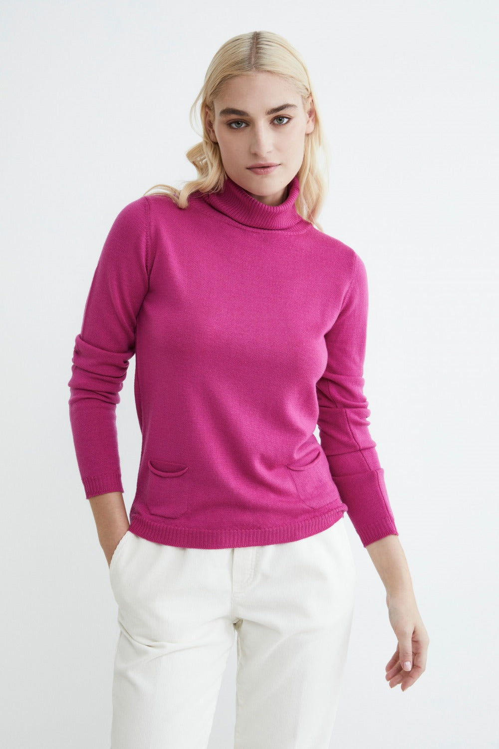 Rollkragenpullover mit Taschen - Fuchsie