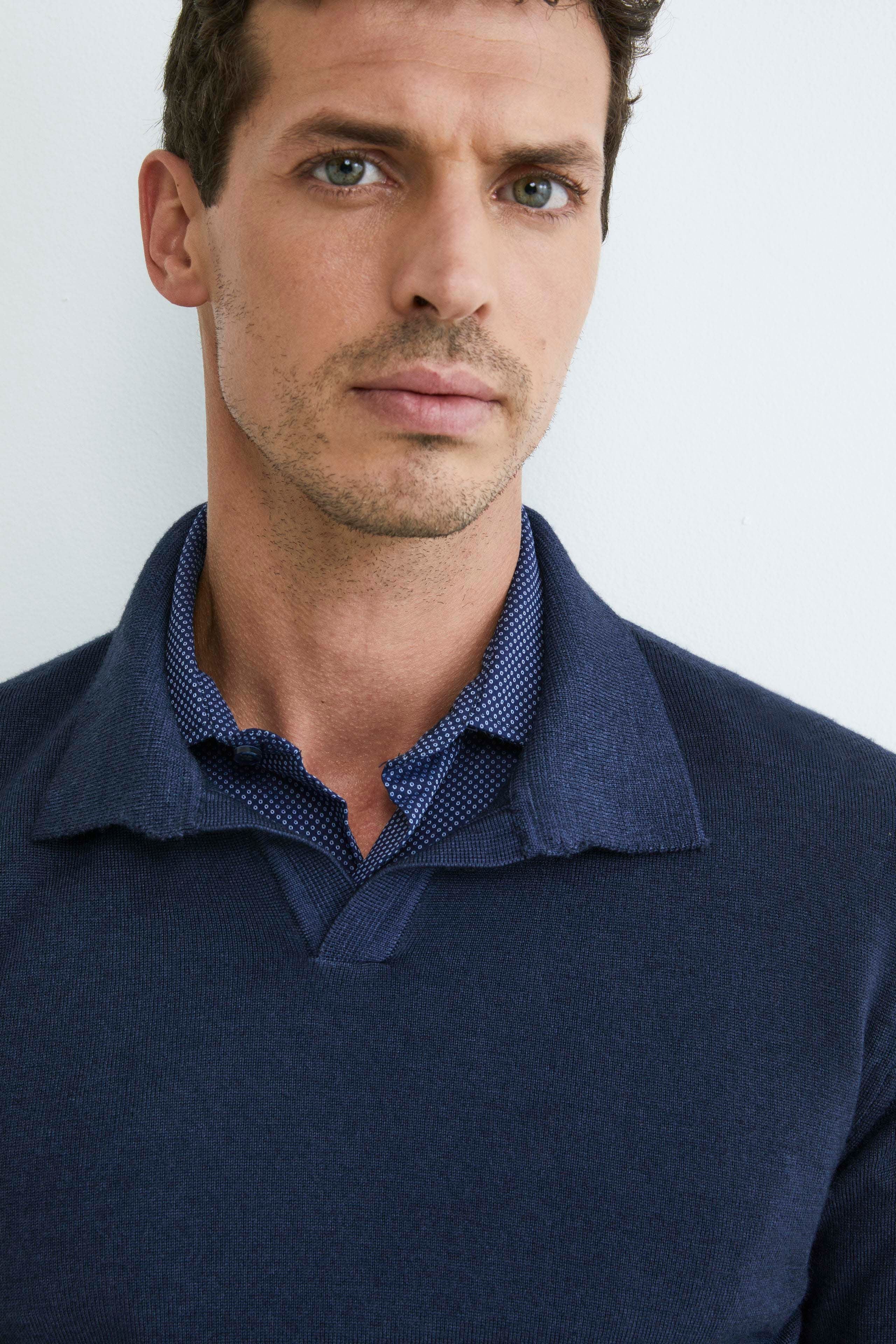 Merino wool derby polo shirt - BLUE MARINE