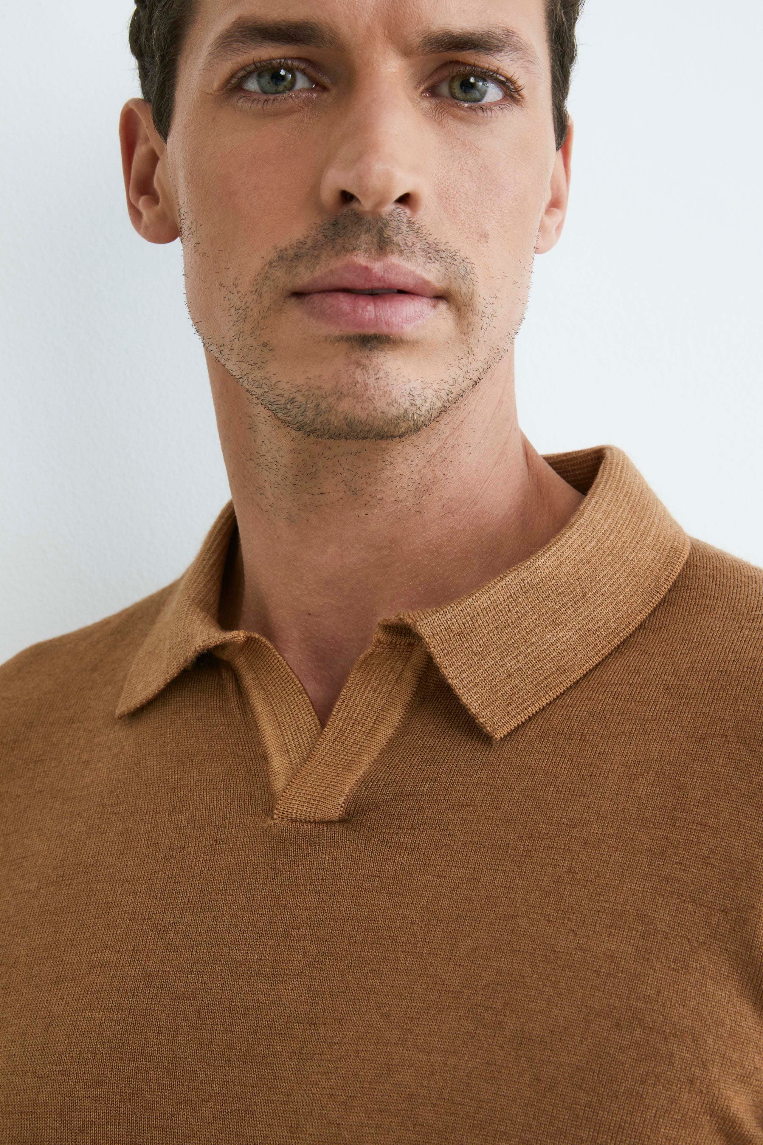 Merino wool derby polo shirt - Tobacco brown