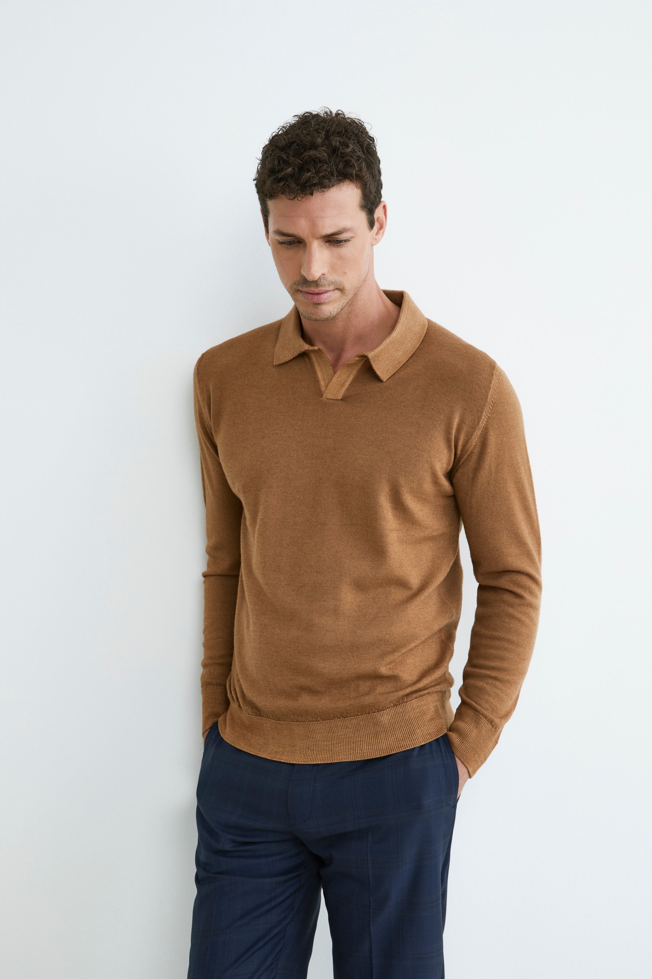 Merino wool derby polo shirt - Tobacco brown