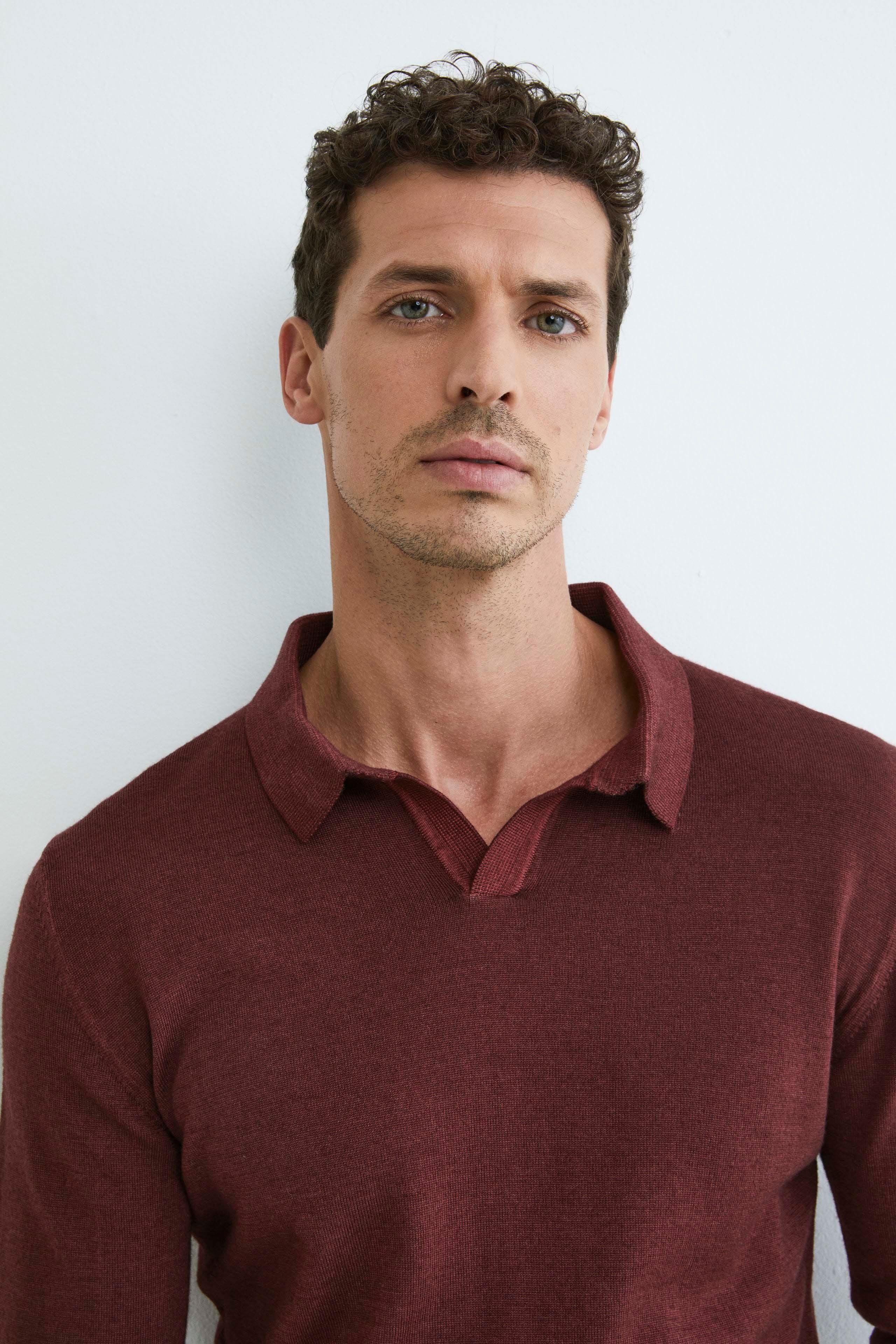 Merino wool derby polo shirt - Burgundy