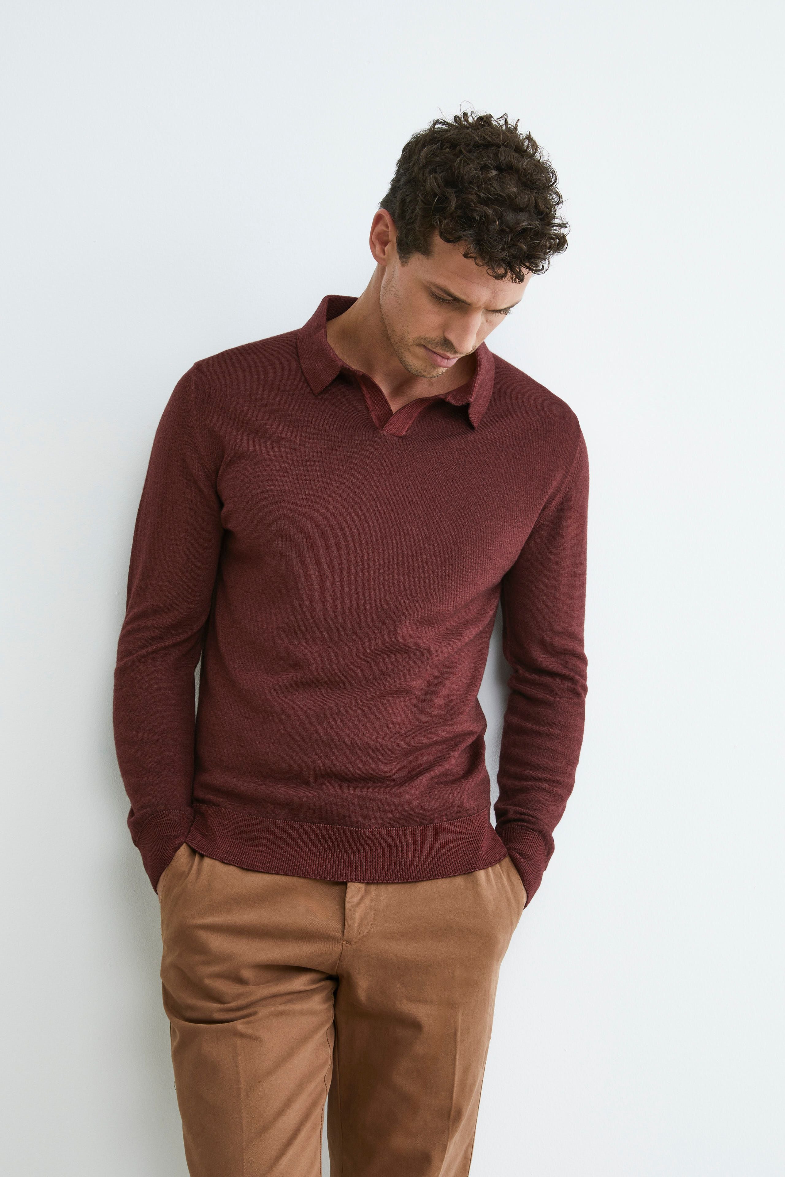 Merino wool derby polo shirt - Burgundy